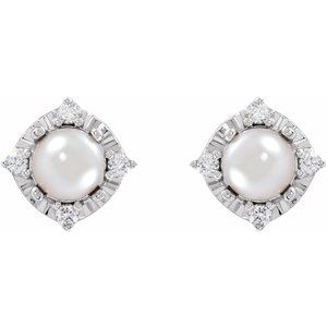 Sterling Silver Cultured White Freshwater Pearl & .08 CTW Natural Diamond Halo-Style Earrings – image 2