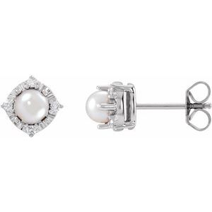 14K White Gold Cultured White Freshwater Pearl & .08 CTW Natural Diamond Halo-Style Earrings
