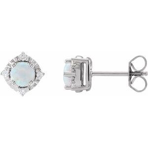 14K White Gold Lab-Grown White Opal & .08 CTW Natural Diamond Halo-Style Earrings