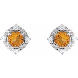 14K White Gold Natural Citrine & .08 CTW Natural Diamond Halo-Style Earrings – image 2