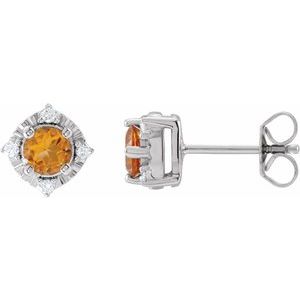 14K White Gold Natural Citrine & .08 CTW Natural Diamond Halo-Style Earrings