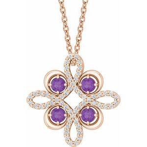 14K Rose Gold Natural Amethyst & 1/6 CTW Natural Diamond Clover 18" Necklace