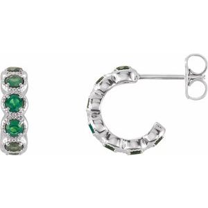 14K White Gold Natural Emerald Hoop Earrings