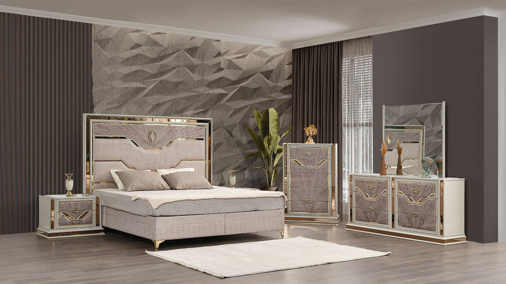 Omari Modern Style 5 Pc King Upholstered Bedroom Set Made with Wood and Gold Accents in Beige (CA Inventory)