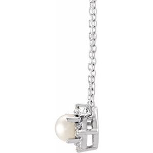 14K White Gold Cultured White Freshwater Pearl & .04 CTW Natural Diamond Halo-Style 18" Necklace