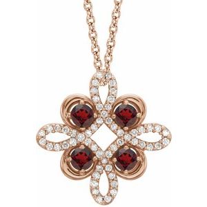 14K Rose Gold Natural Mozambique Garnet & 1/6 CTW Natural Diamond Clover 18" Necklace