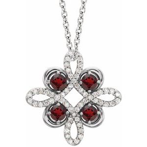 Platinum Natural Mozambique Garnet & 1/6 CTW Natural Diamond Clover 18" Necklace