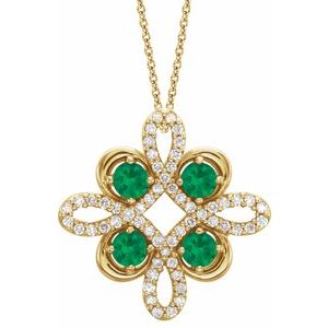 14K Yellow Gold Natural Emerald & 1/6 CTW Natural Diamond Clover 18" Necklace