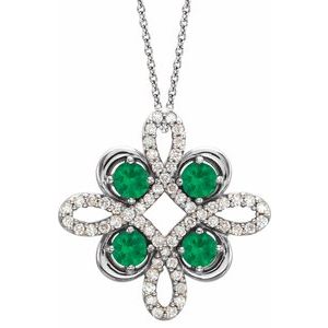 14K White Gold Natural Emerald & 1/6 CTW Natural Diamond Clover 18" Necklace