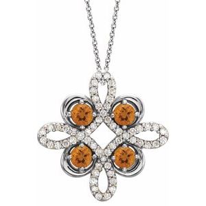 14K White Gold Natural Citrine & 1/8 CTW Natural Diamond Clover 18" Necklace