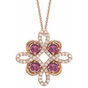 14K Rose Gold Natural Pink Tourmaline & 1/8 CTW Natural Diamond Clover 18" Necklace