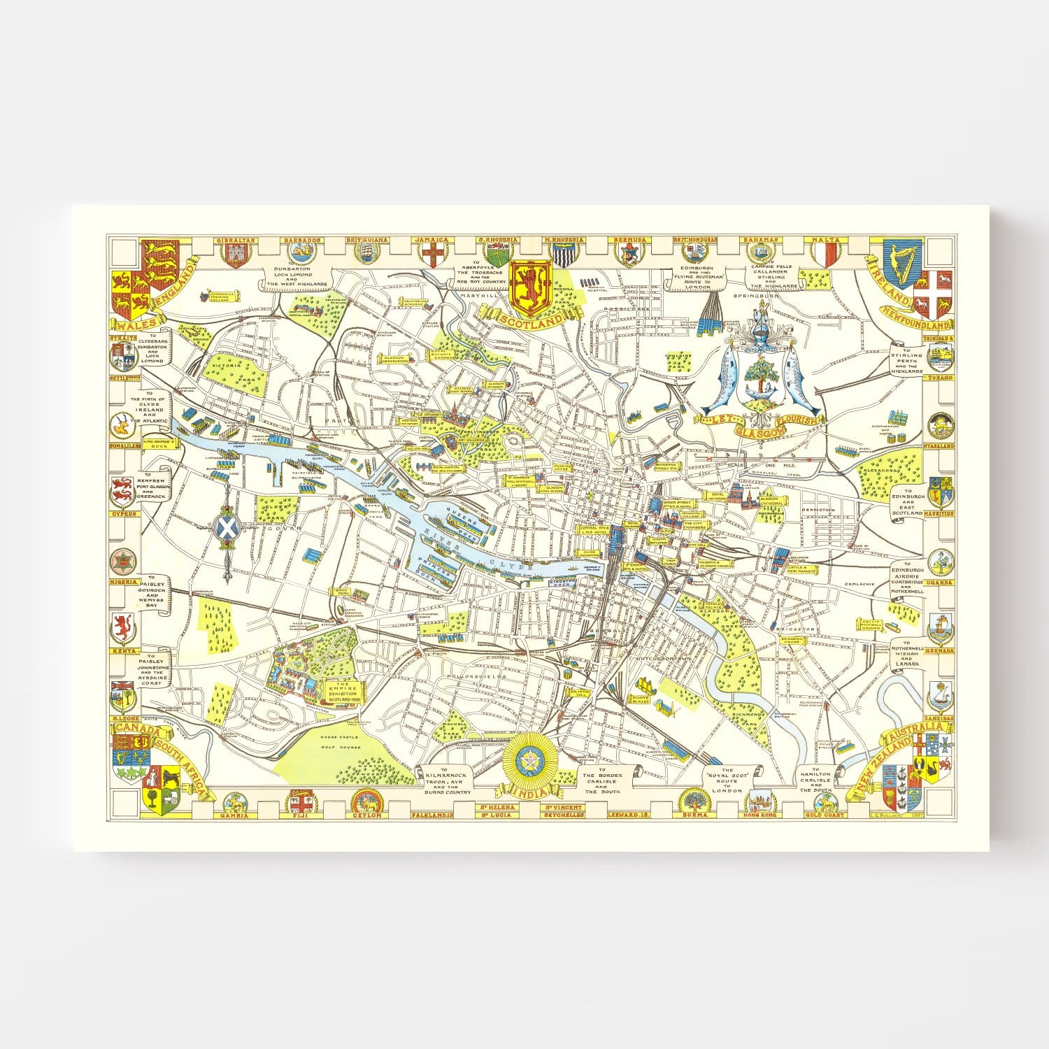 Vintage Map of Glasgow, Scotland 1938