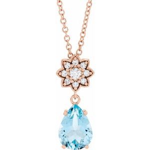 14K Rose Gold Natural Aquamarine & .08 CTW Natural Diamond 16-18" Necklace
