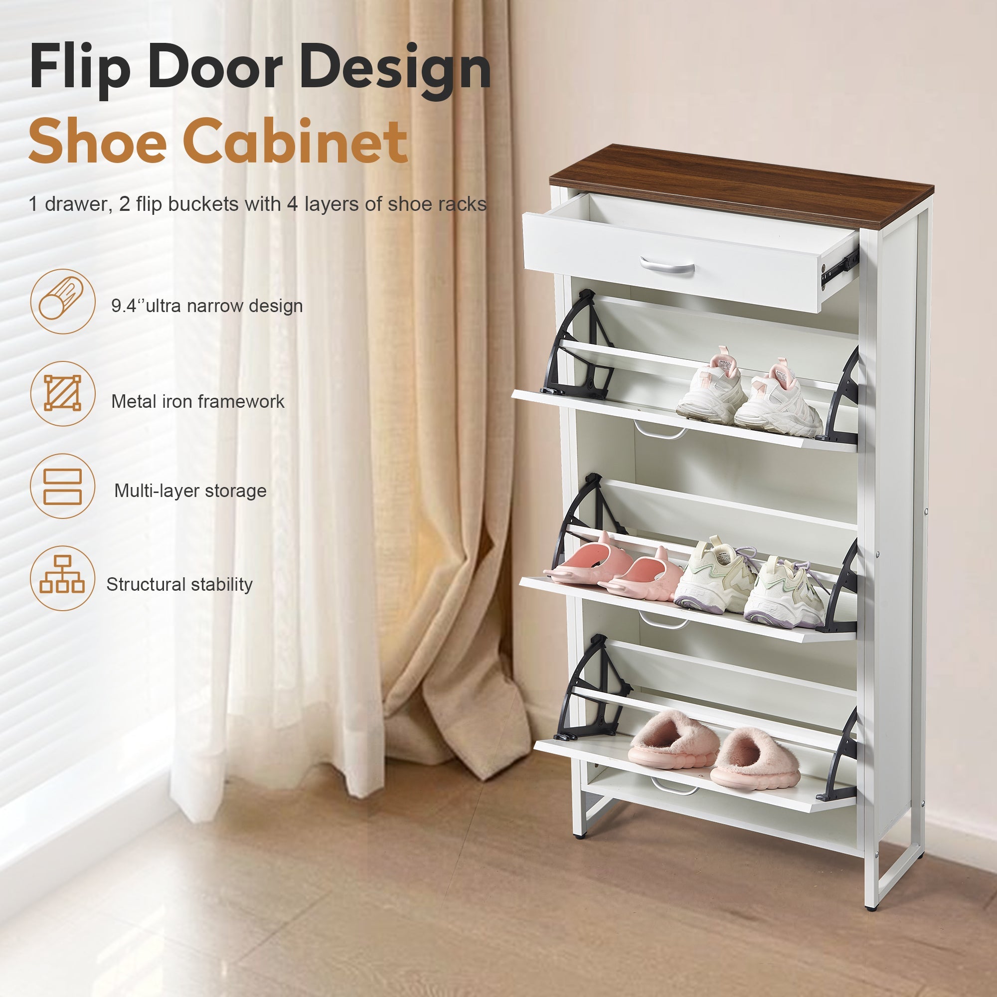 Shoe Storage Cabinet with 3 Flip Drawers&1 Drawer, Slim Freestanding Storage Racks for Entryway, Hallway, Hidden Narrow Shoe Organizers Perfect for Heels, Boots, Slippers, white/Walnut