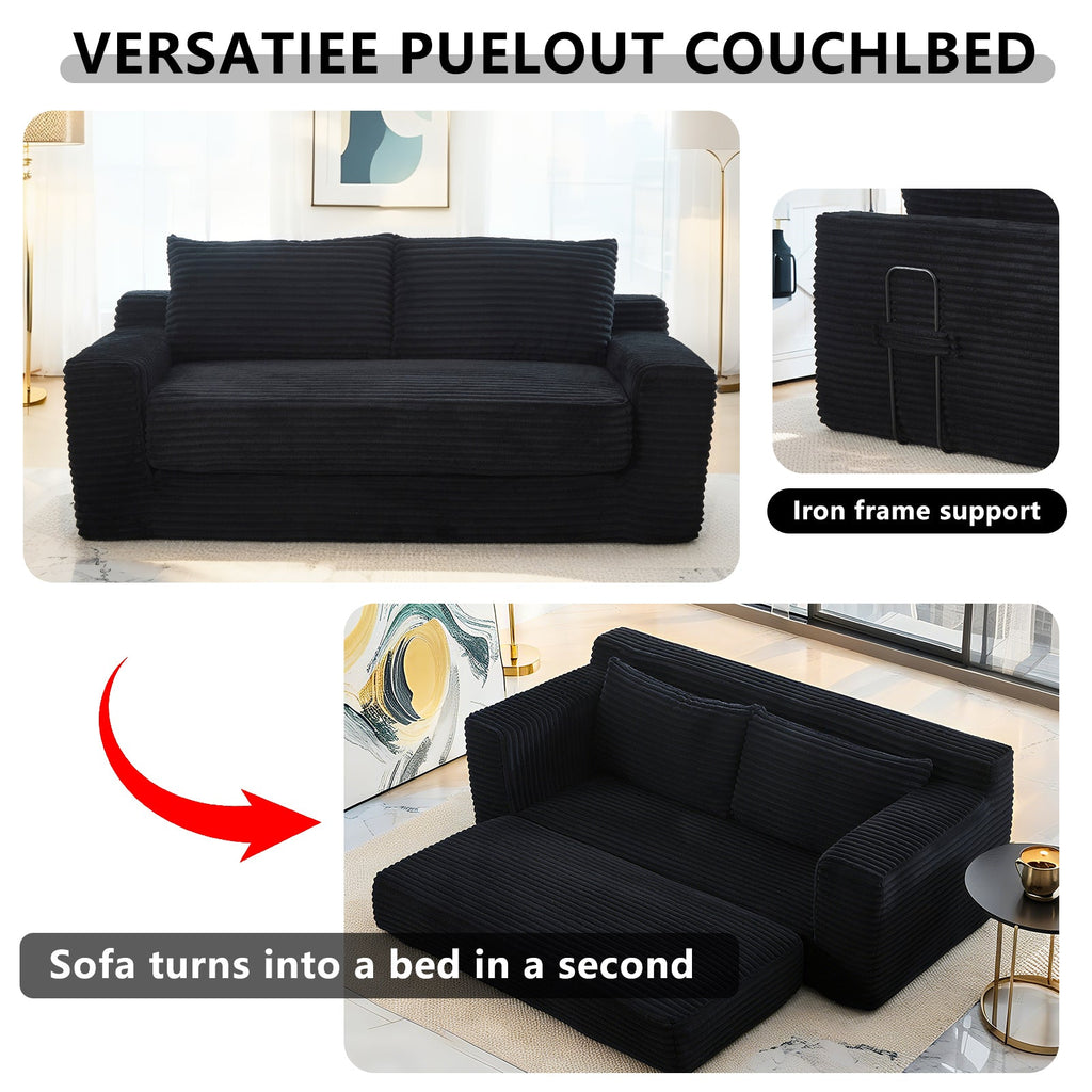 Loveseat Sofa  with Memory Foam & Steel Frame - No Assembly, Convertible 2-in-1 Design, Corduroy Fabric - Compact Couch for Small Spaces, Apartments, Home Office & Bedroom (Black)