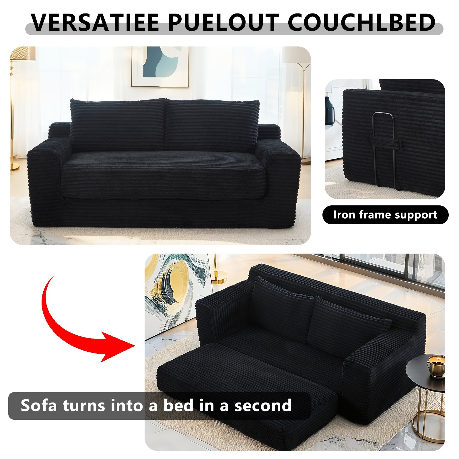 Loveseat Sofa  with Memory Foam & Steel Frame - No Assembly, Convertible 2-in-1 Design, Corduroy Fabric - Compact Couch for Small Spaces, Apartments, Home Office & Bedroom (Black)