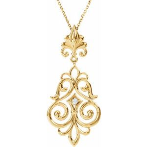 14K Yellow Gold .03 CT Natural Diamond Fleur-de-lis Sculptural 18" Necklace