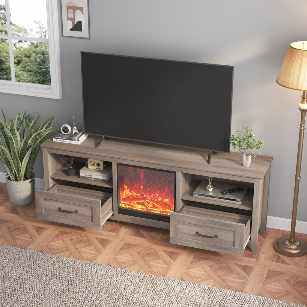 70.08 Inch Length TV Stand for Living Room and Bedroom, with 2 Drawers and 4 High-Capacity Storage Compartment, Grey Walnut ;Suitable for fireplace