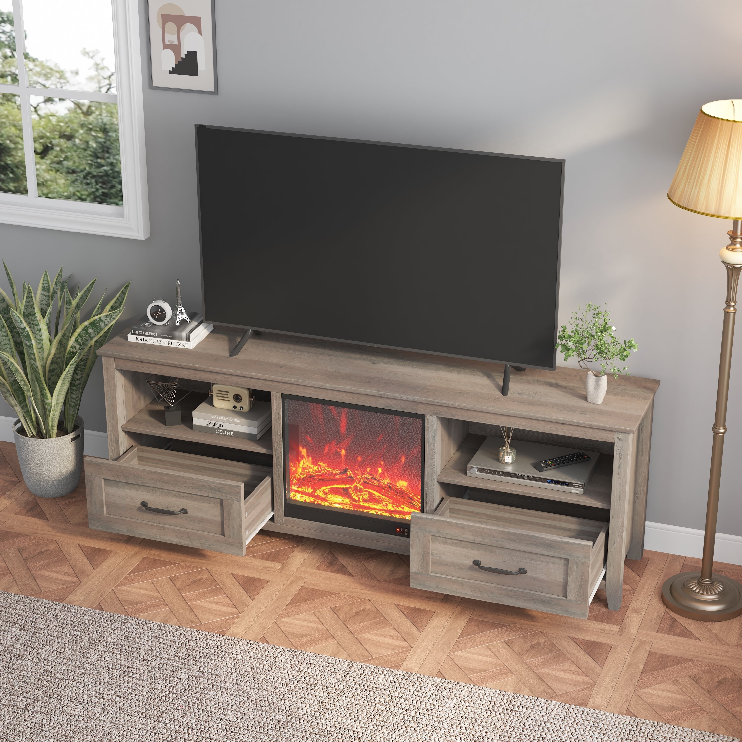 70.08 Inch Length TV Stand for Living Room and Bedroom, with 2 Drawers and 4 High-Capacity Storage Compartment, Grey Walnut ;Suitable for fireplace