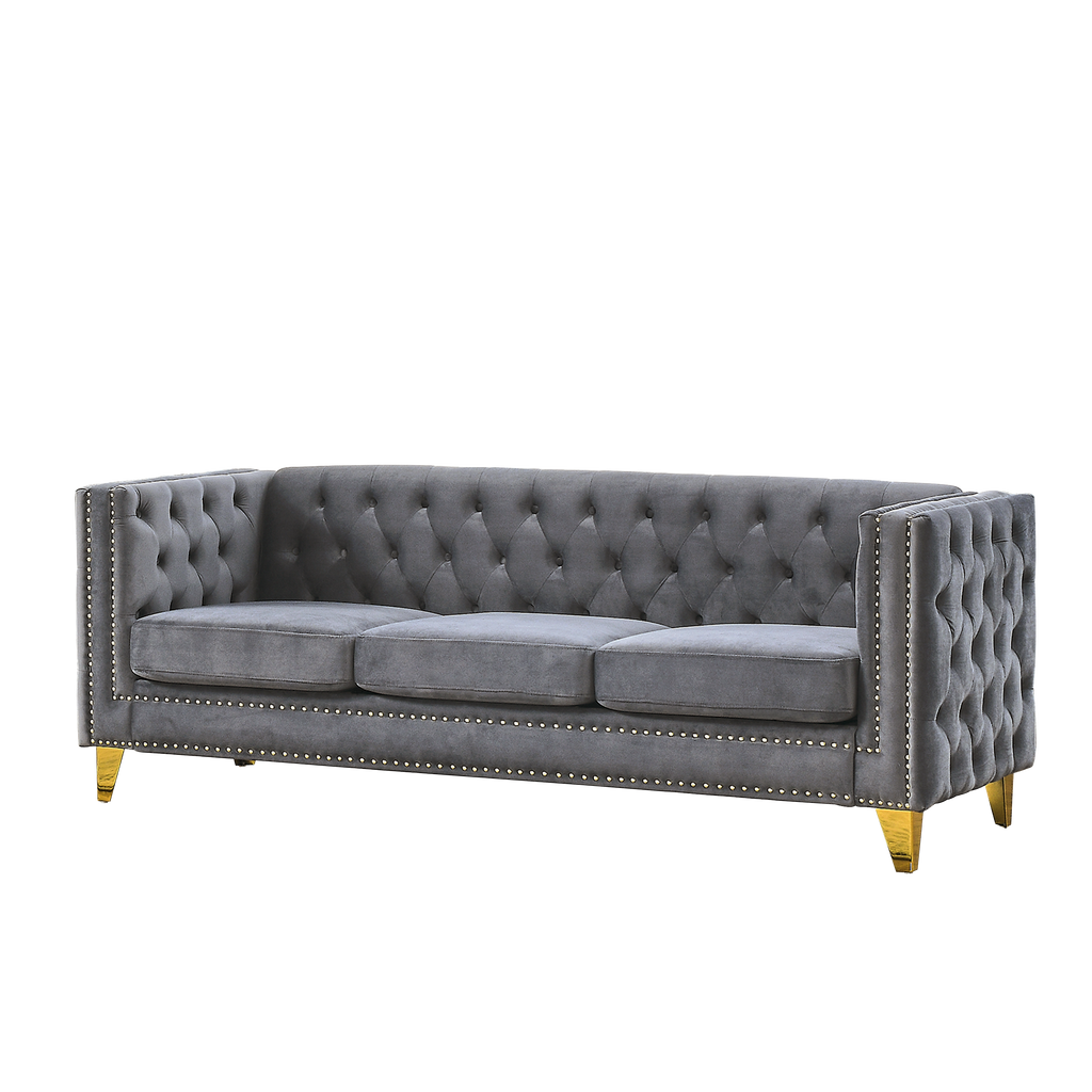 {Contact us for 3D modeling}  Velvet Sofa for Living Room,Buttons Tufted Square Arm Couch, Modern Couch Upholstered Button and Metal Legs, Sofa Couch for Bedroom, Grey Velvet(W834S00020)