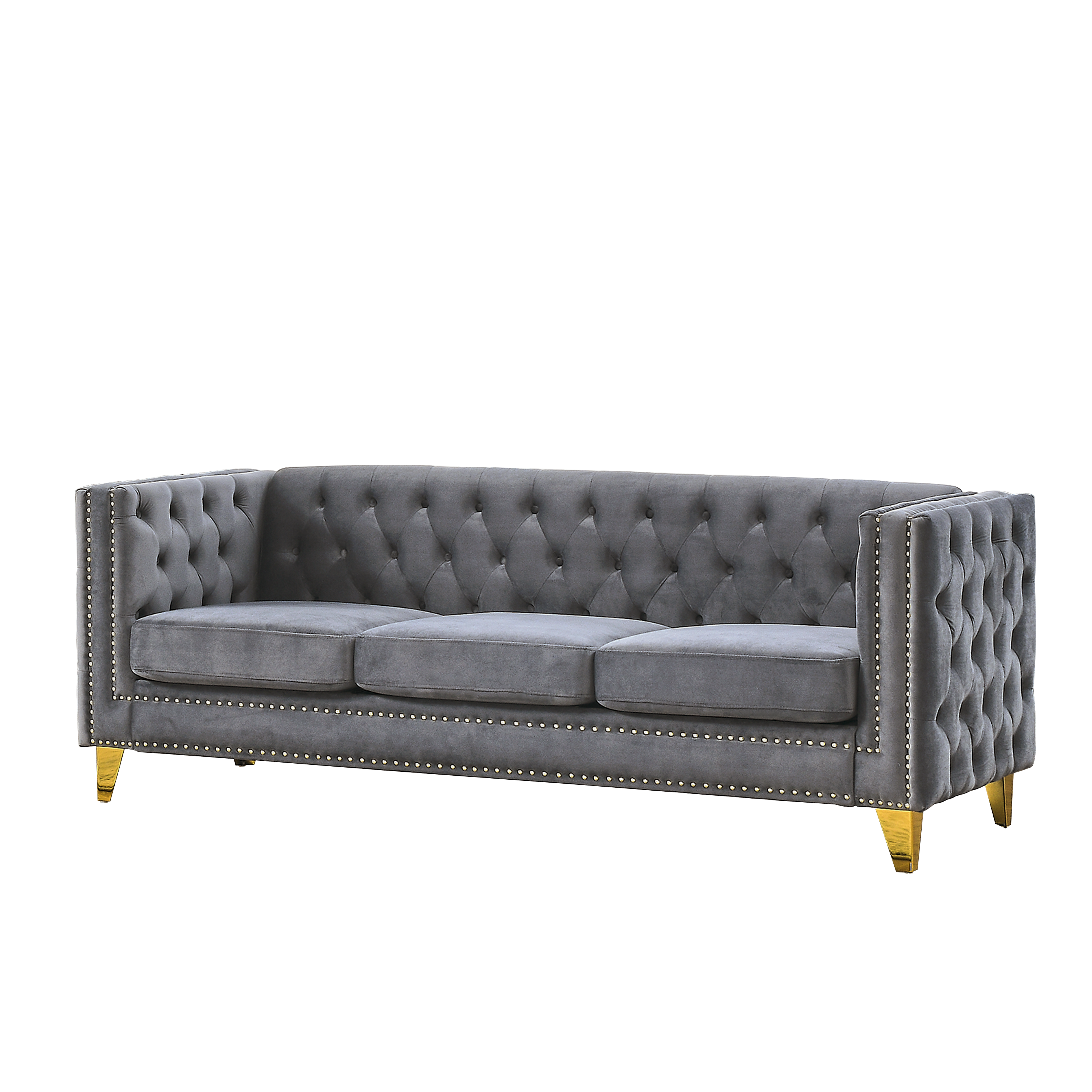 {Contact us for 3D modeling}  Velvet Sofa for Living Room,Buttons Tufted Square Arm Couch, Modern Couch Upholstered Button and Metal Legs, Sofa Couch for Bedroom, Grey Velvet(W834S00020)