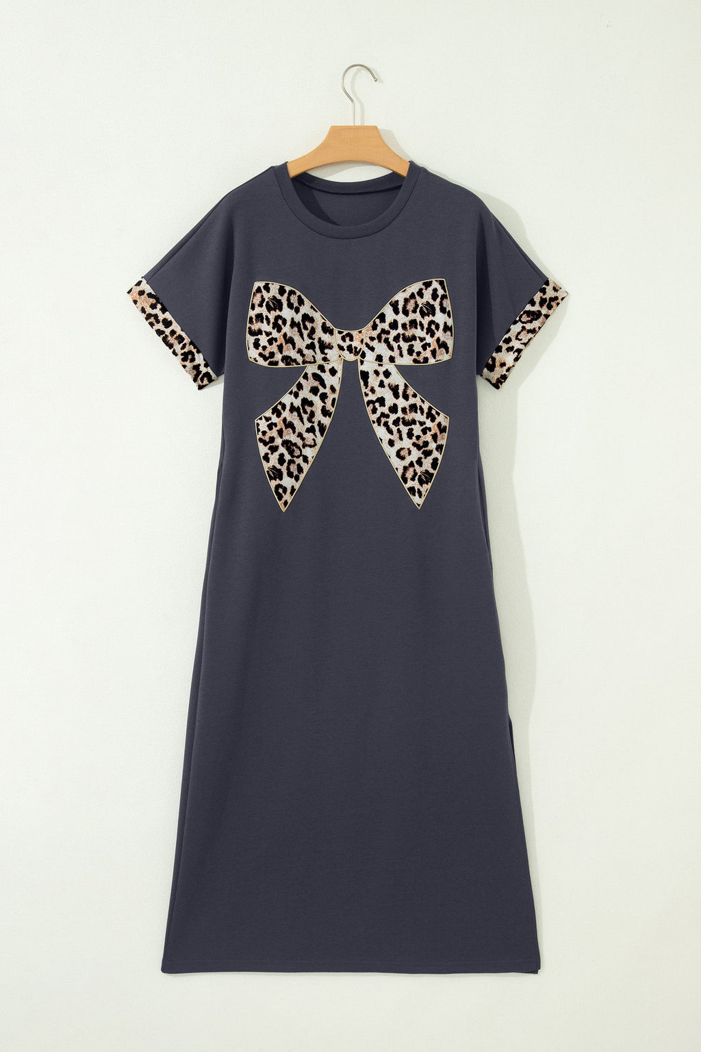 Leopard Bow Patched Short Sleeve T-Shirt Long Dress