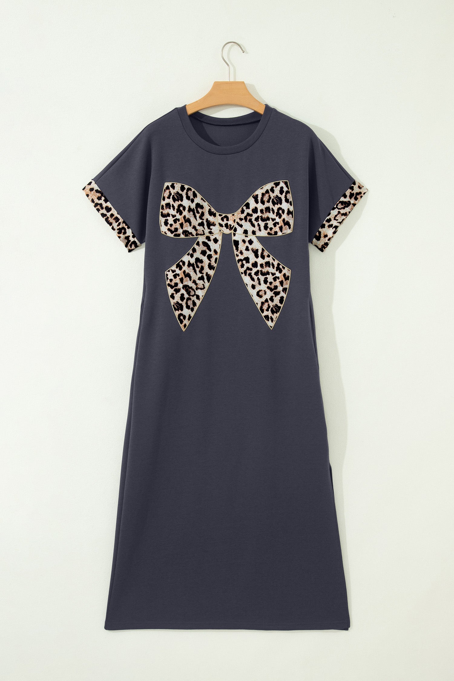 Leopard Bow Patched Short Sleeve T-Shirt Long Dress