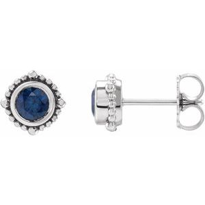 14K White Gold 4 mm Natural Blue Sapphire Beaded Halo-Style Earrings