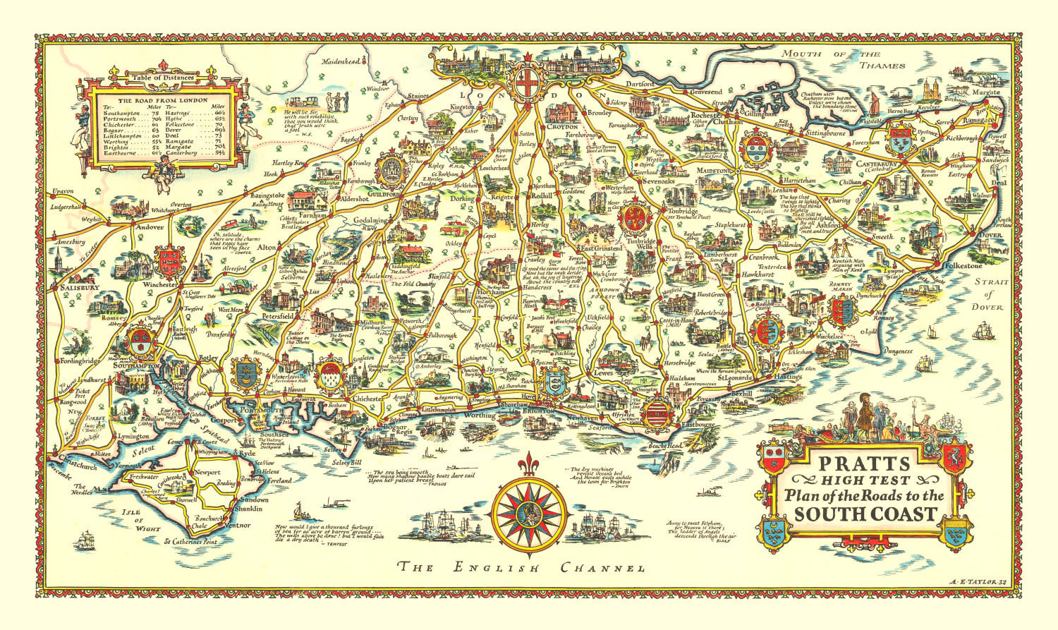 Vintage Map of England's South Coast, 1932
