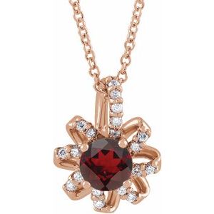 14K Rose Gold Natural Mozambique Garnet & .07 CTW Natural Diamond Halo-Style 16-18" Necklace