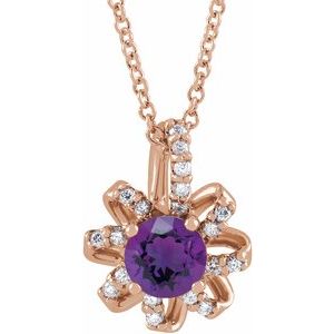 14K Rose Gold Natural Amethyst & .07 CTW Natural Diamond Halo-Style 16-18" Necklace