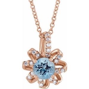 14K Rose Gold Natural Aquamarine & .07 CTW Natural Diamond Halo-Style 16-18" Necklace