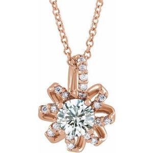 14K Rose Gold Natural White Sapphire & .07 CTW Natural Diamond Halo-Style 16-18" Necklace