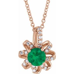 14K Rose Gold Lab-Grown Emerald & .07 CTW Natural Diamond Halo-Style 16-18" Necklace