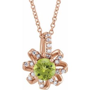 14K Rose Gold Natural Peridot & .07 CTW Natural Diamond Halo-Style 16-18" Necklace