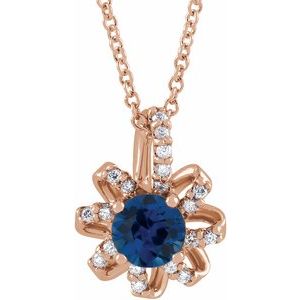14K Rose Gold Natural Blue Sapphire & .07 CTW Natural Diamond Halo-Style 16-18" Necklace