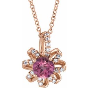 14K Rose Gold Natural Pink Tourmaline & .07 CTW Natural Diamond Halo-Style 16-18" Necklace