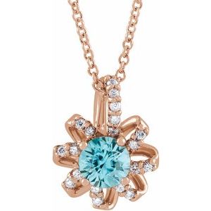 14K Rose Gold Natural Blue Zircon & .07 CTW Natural Diamond Halo-Style 16-18" Necklace