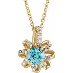 14K Yellow Gold Natural Blue Zircon & .07 CTW Natural Diamond Halo-Style 16-18" Necklace