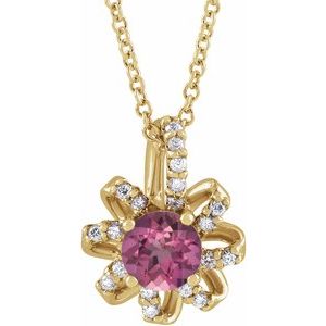 14K Yellow Gold Natural Pink Tourmaline & .07 CTW Natural Diamond Halo-Style 16-18" Necklace