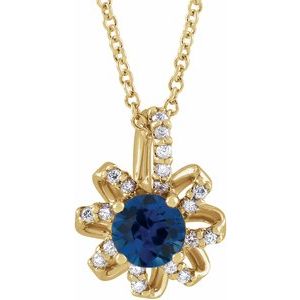 14K Yellow Gold Lab-Grown Blue Sapphire & .07 CTW Natural Diamond Halo-Style 16-18" Necklace