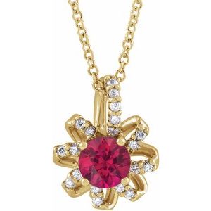 14K Yellow Gold Natural Ruby & .07 CTW Natural Diamond Halo-Style 16-18" Necklace