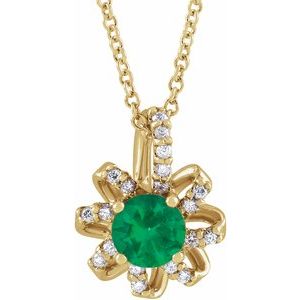 14K Yellow Gold Lab-Grown Emerald & .07 CTW Natural Diamond Halo-Style 16-18" Necklace