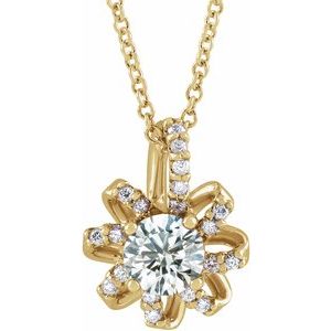 14K Yellow Gold Natural White Sapphire & .07 CTW Natural Diamond Halo-Style 16-18" Necklace