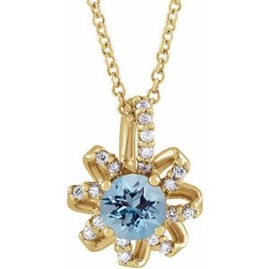 14K Yellow Gold Natural Aquamarine & .07 CTW Natural Diamond Halo-Style 16-18" Necklace