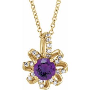 14K Yellow Gold Natural Amethyst & .07 CTW Natural Diamond Halo-Style 16-18" Necklace