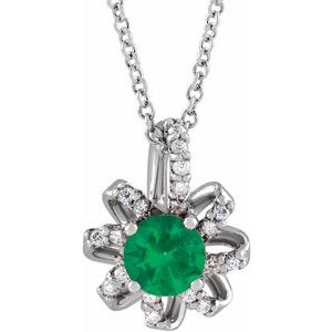 Sterling Silver Natural Emerald & .07 CTW Natural Diamond Halo-Style 16-18" Necklace