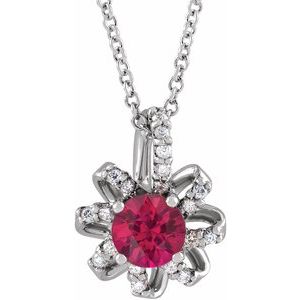 Sterling Silver Lab-Grown Ruby & .07 CTW Natural Diamond Halo-Style 16-18" Necklace