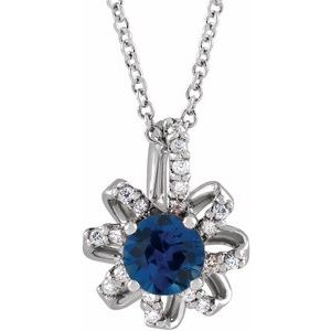Sterling Silver Lab-Grown Blue Sapphire & .07 CTW Natural Diamond Halo-Style 16-18" Necklace