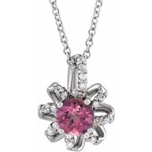 Platinum Natural Pink Tourmaline & .07 CTW Natural Diamond Halo-Style 16-18" Necklace